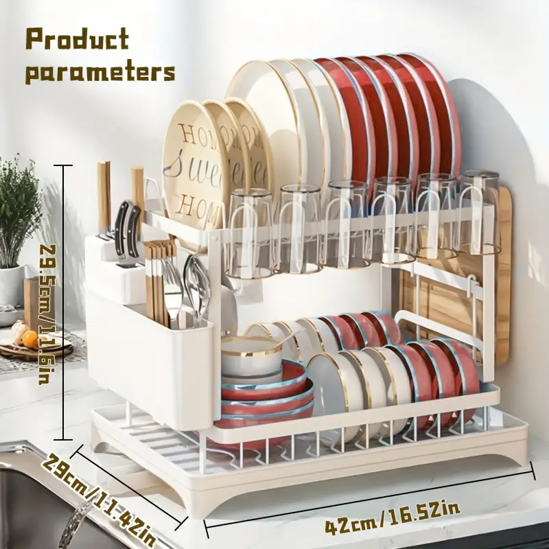 double dish rack for double countertops is here it has a unique 360 drainage function tableware can dry quickly the drain tray with the cutlery rack and 4 cup holders is above the sink or a cup it can Product details 12