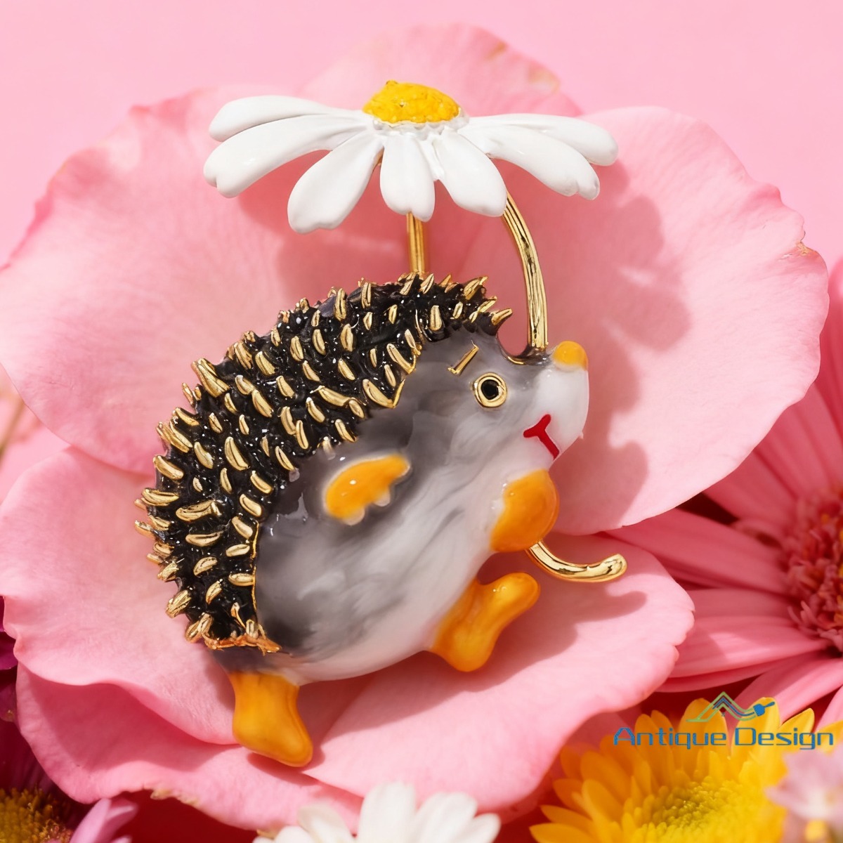 Vintage Cute Hedgehog Daisy Brooch, Wear Accessory For Men And For Women And Men