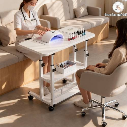this portable nail table for beauticians features an adjustable height a reinforced frame and lockable wheels making it silent and multifunctional in black and white perfect for settings such as bedrooms living rooms