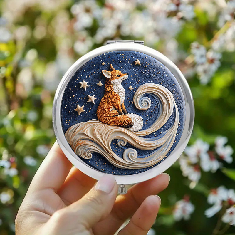 TEMU 1pc 2d Flat Mirror, Personal Makeup Mirror, Vintage-style Vanity Mirror. The Exquisite -themed Design Features Perched On A Nebula, With A Tail
