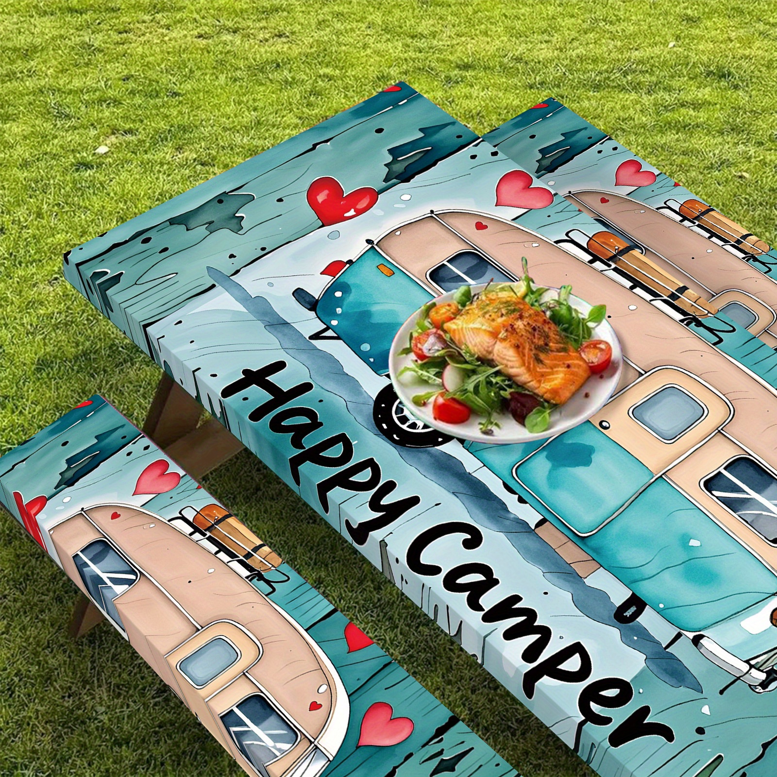 TEMU 3pcs Picnic Camping Tablecloth Set, Polyester Material, Romantic Camping - Essential, Suitable For Outdoor And Home Decoration,, Great For Patio, Camping Essentials, Tablecover, Table Decor