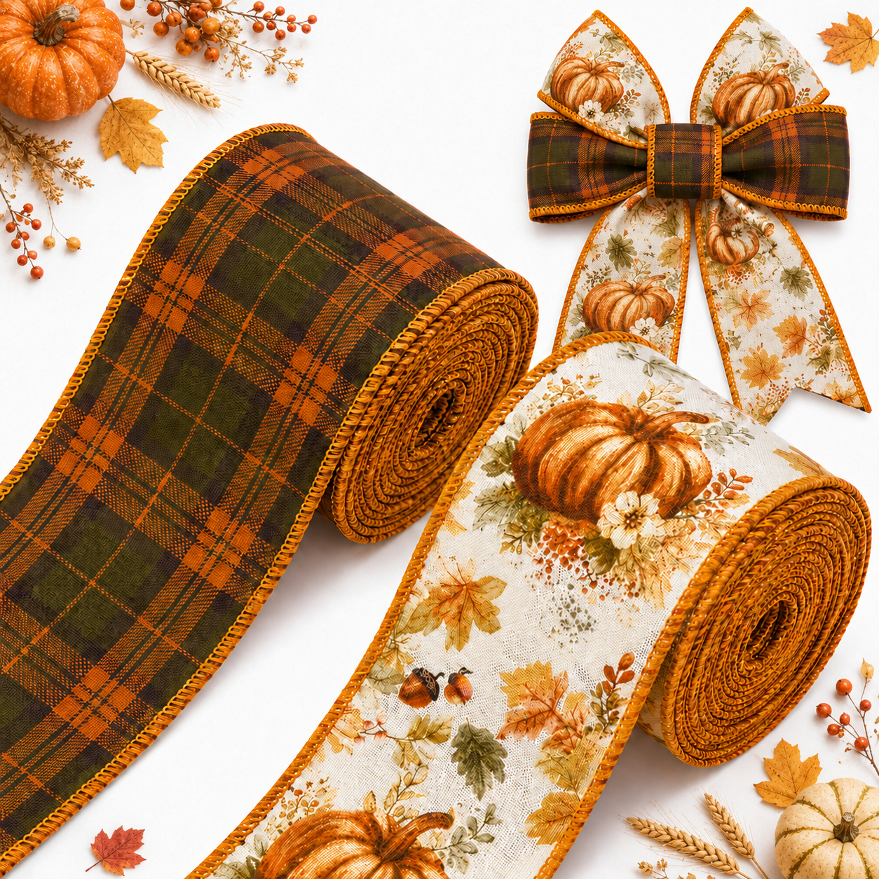 TEMU 2 Rolls Fall Pumpkin-themed Ribbon Set With Threaded Edges, 2.5-inch Fall Thanksgiving Plaid And Floral Pattern Ribbons, Polyester Decorative