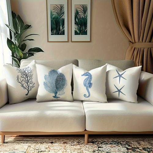 4pcs vintage square pillowcases coral seahorse pattern machine washable polyester zipper closure living room decorative pillowcases coastal home decor