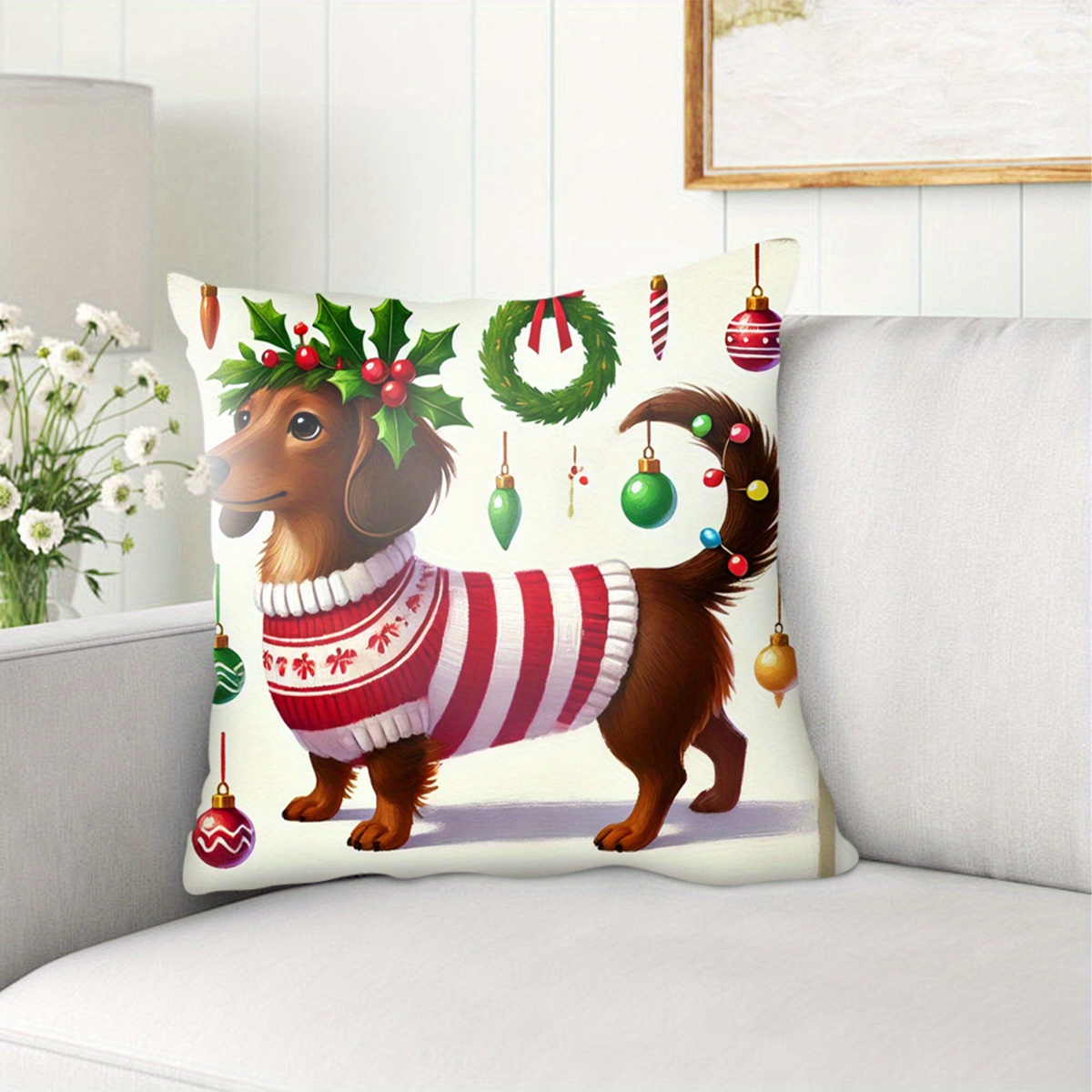 TEMU 1pc, Christmas Decoration With Dachshund Pattern, Decorative Pillow Covers In Sizes 40x40, 45x45, 50x50 Cm - Machine Washable Seasonal Holiday Decor For Halloween, Thanksgiving, And Christmas