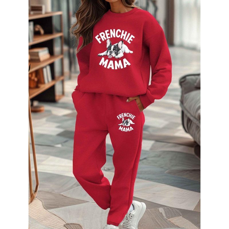 

1 Set French Bulldog Graphic Polyester Sweatshirt And Sweatpants For Women - Casual Round Neck Jog Suit For Autumn/winter