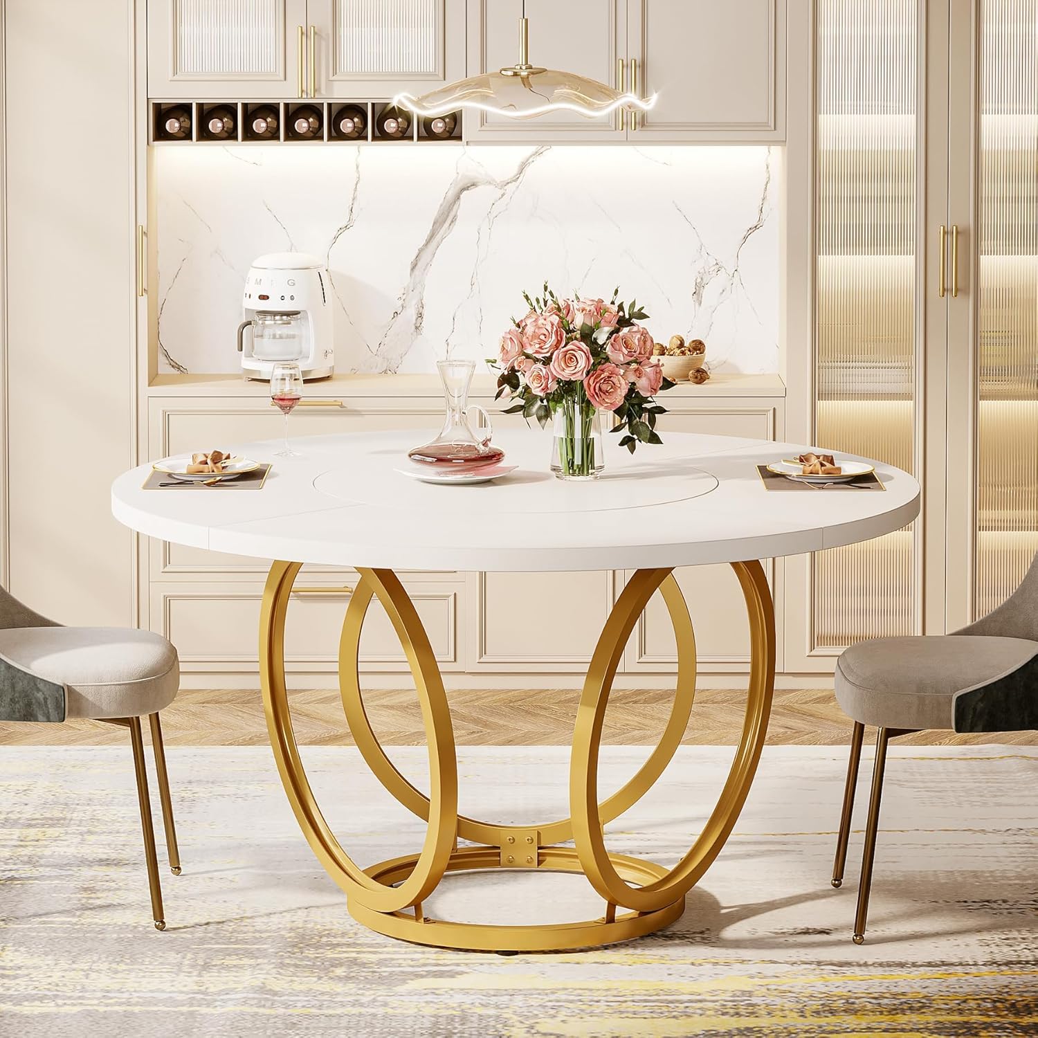 Round Dining Table For 4, White Kitchen Table With Golden Metal Base, Wooden Dining Table, Coffee Table For Kitchen, Dining Room, Cafe 120 X 120cm, White And Golden