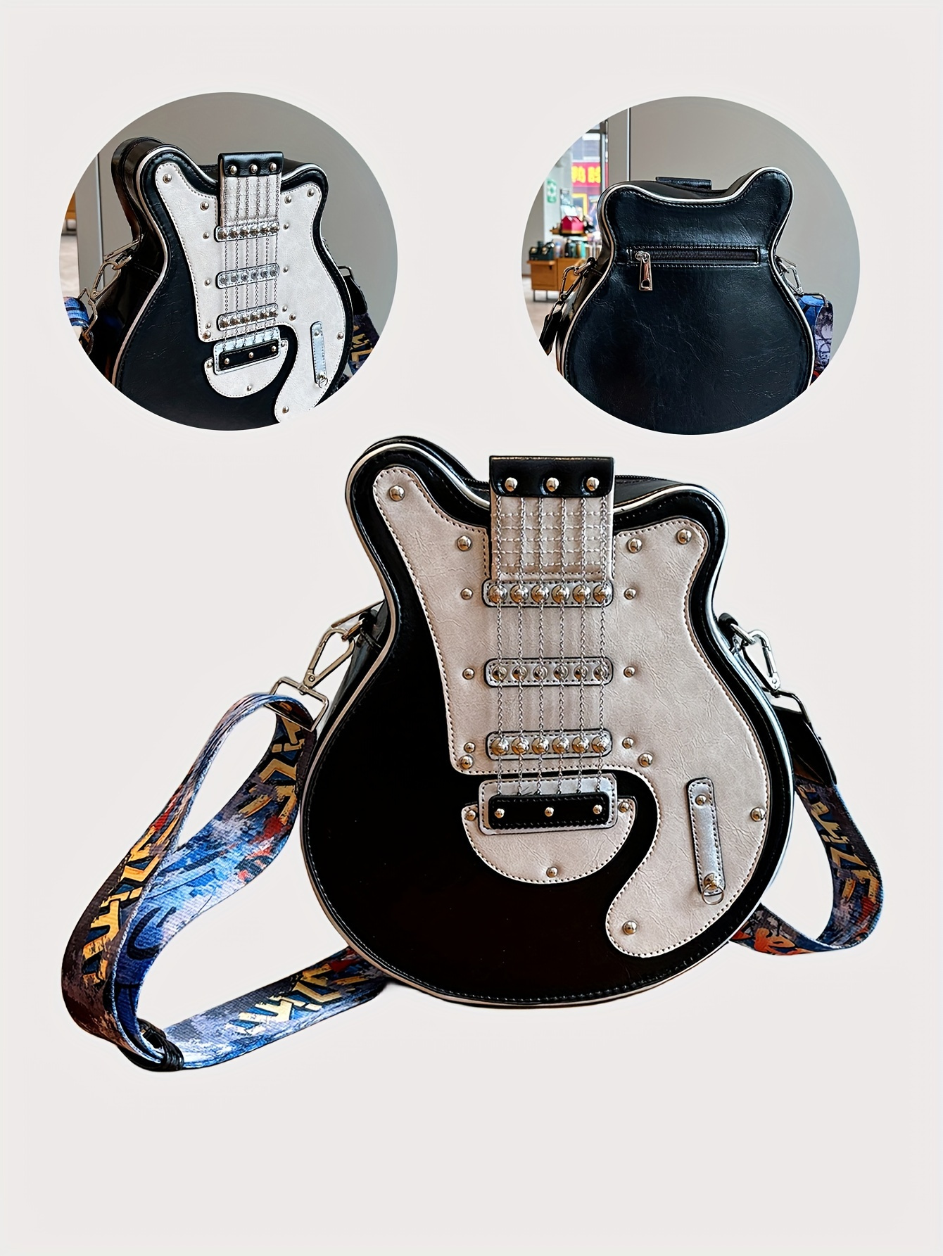 Distinctive Creative Y2K Hot American Style  Guitar Shaped Bag Beth Guitar Shaped Bag Shoulder Bag Crossbody Bag Fashionable Chain Rivet Decoration Color Contrast Wide Shoulder Strap Women's Bag Street Unisex Bag