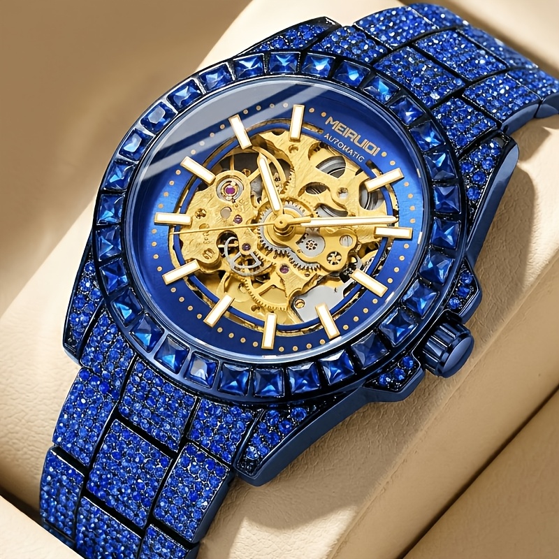 Image of 1pc Men's Blue Starry Hollow Mechanical Watch With Luminous Markers, Business Casual Trendy Wristwatch, Ideal Gift, Without Battery