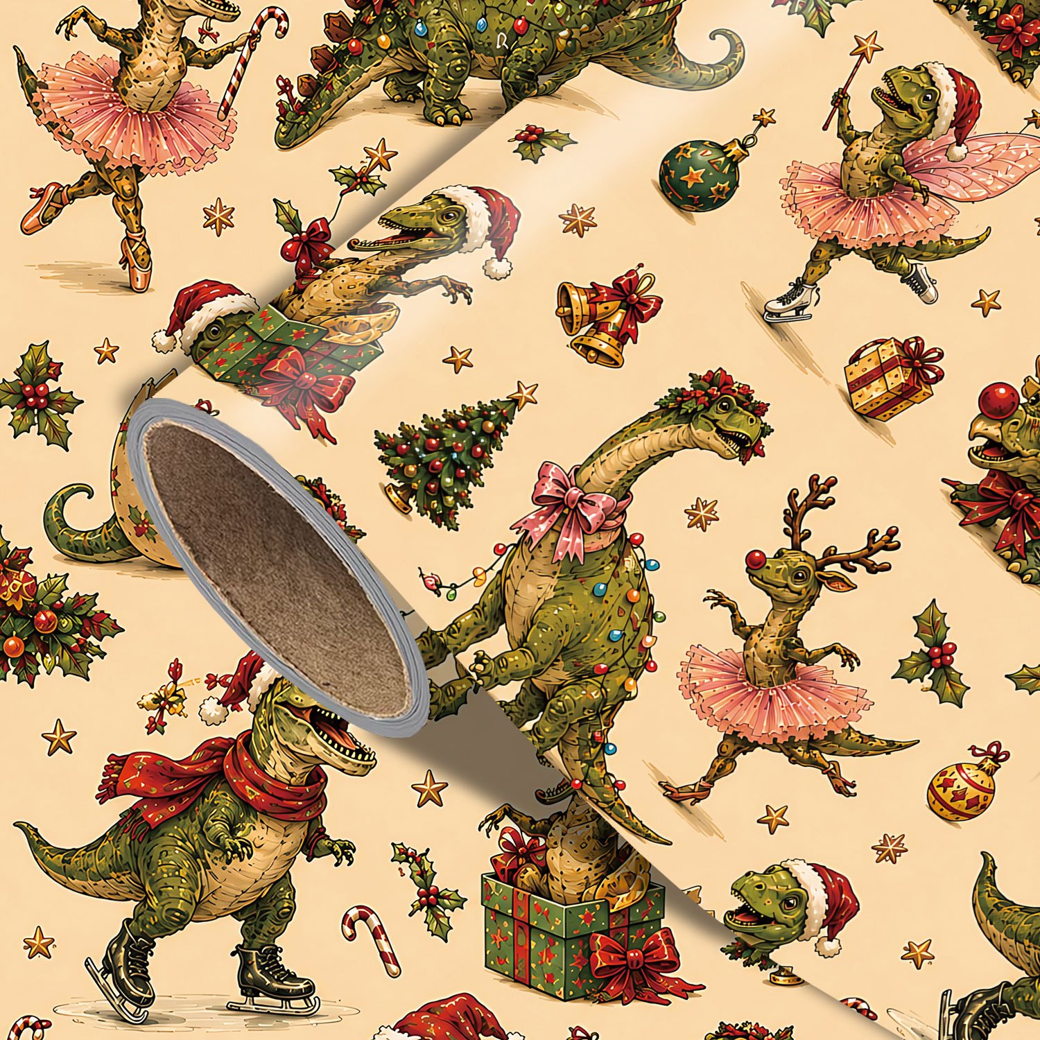TEMU 1 Rouleau de Noël Drôle, de Fête Vintage avec Dinosaures Festifs, Chapeaux de Père Noël, Écharpes à Carreaux, Jupe Tutu, Couronnes, de Noël,