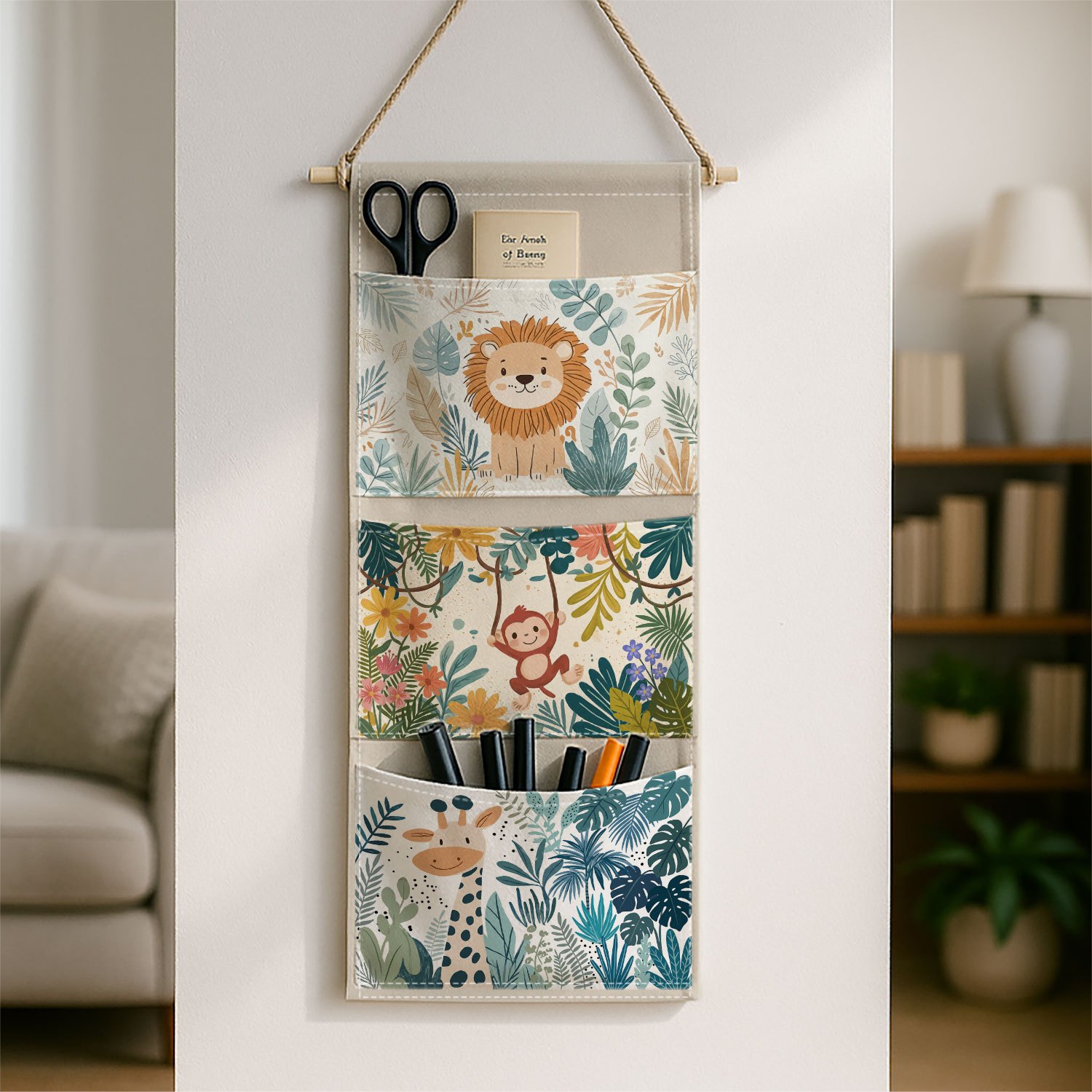 TEMU 1pc Lion Jungle Hanging Organizer With Lion & - Multi- Wall-mounted Fabric Storage Suitable For, Room, Wardrobe, Baby Clothes & Accessories