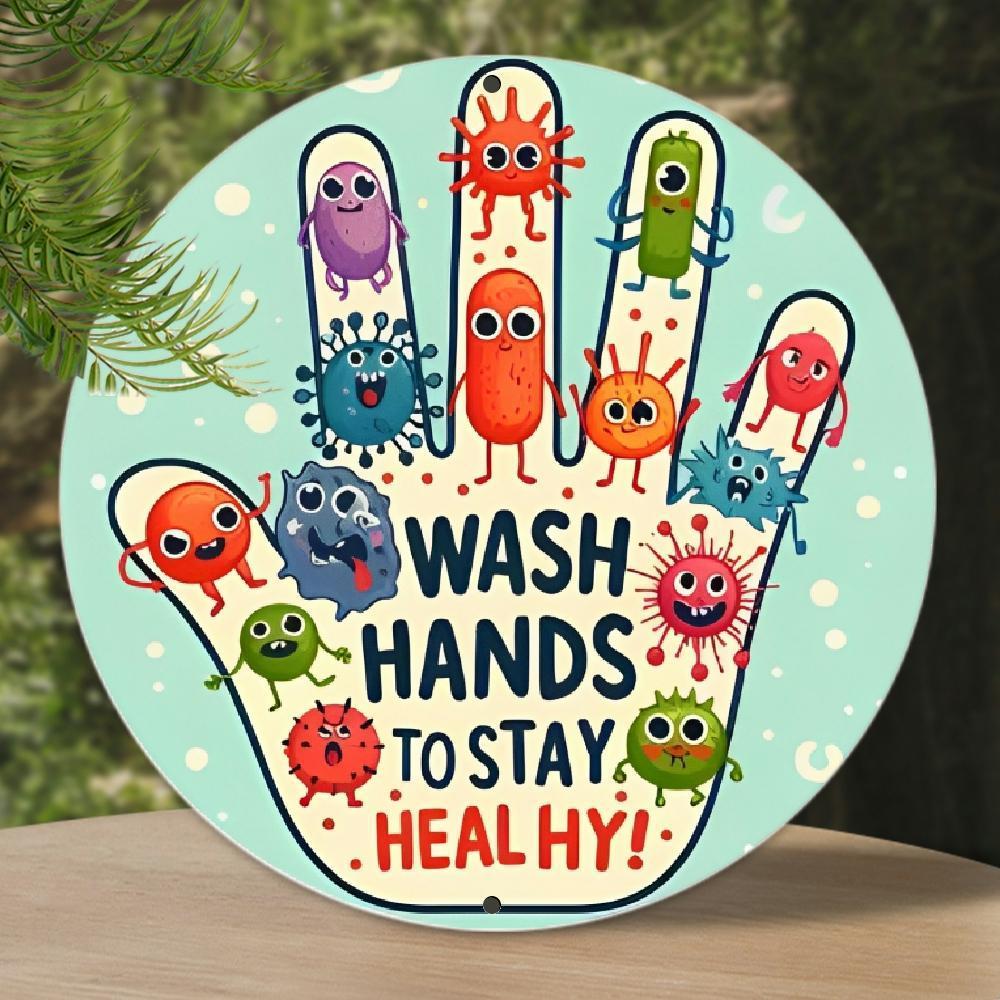 TEMU Colorful Cartoon Aluminum Health Reminder Sign - "wash Hands To!" - Durable, Waterproof, Easy-to-clean Decor For Home, Bathroom, School Nurse Office, And Holiday Themes - Promotes And
