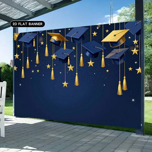 2d flat 1pc 2d flat graduation photo party banner dark blue and golden starry sky background with graduation suitable for weddings birthdays graduation ceremonies outdoor courtyards 2d flat