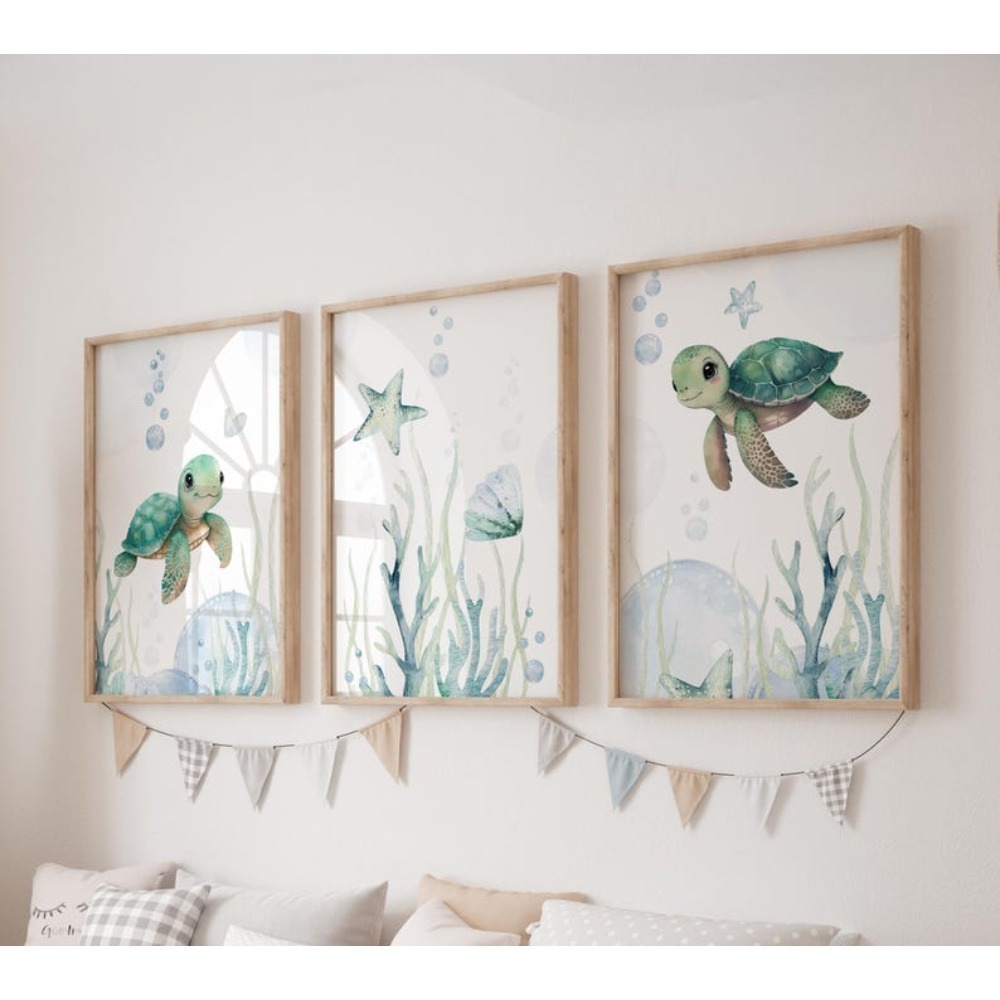 TEMU 2d Flat, 3pcs Frameless Canvas Painting Set Of 3 Turtle Prints, Underwater Wall Art Set, , Modern Art, Turtle Kids Bedroom Decor, Boy Nursery