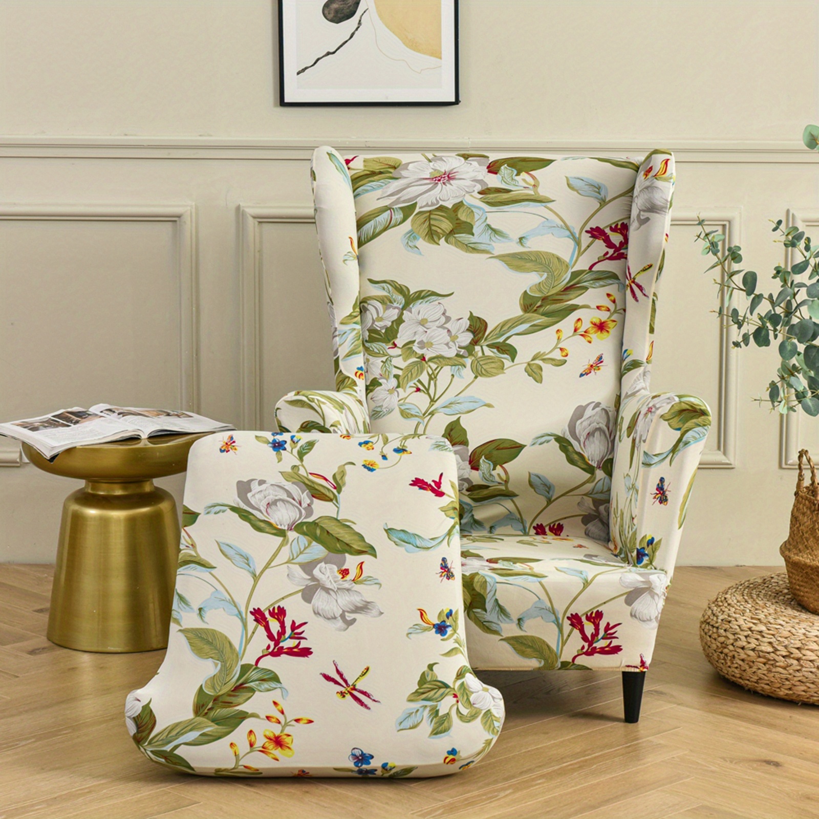 Image of Elastic Printed Tiger Chair Cover + Seat Cushion Cover - Full Wrap For Wingback Chairs, Modern Century Style, Christmas Furniture Makeover