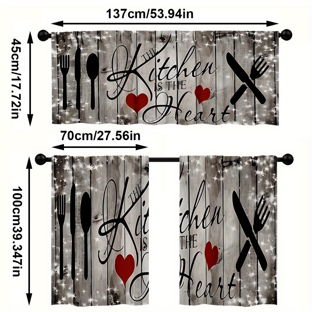 TEMU 3pcs/ Set Kitchen Curtain Sets, Simple Kitchen Utensil Pattern Print Curtain Set, Rod Pocket Valance Curtain Tier, 1 Valance/ 2 Cafe Curtains