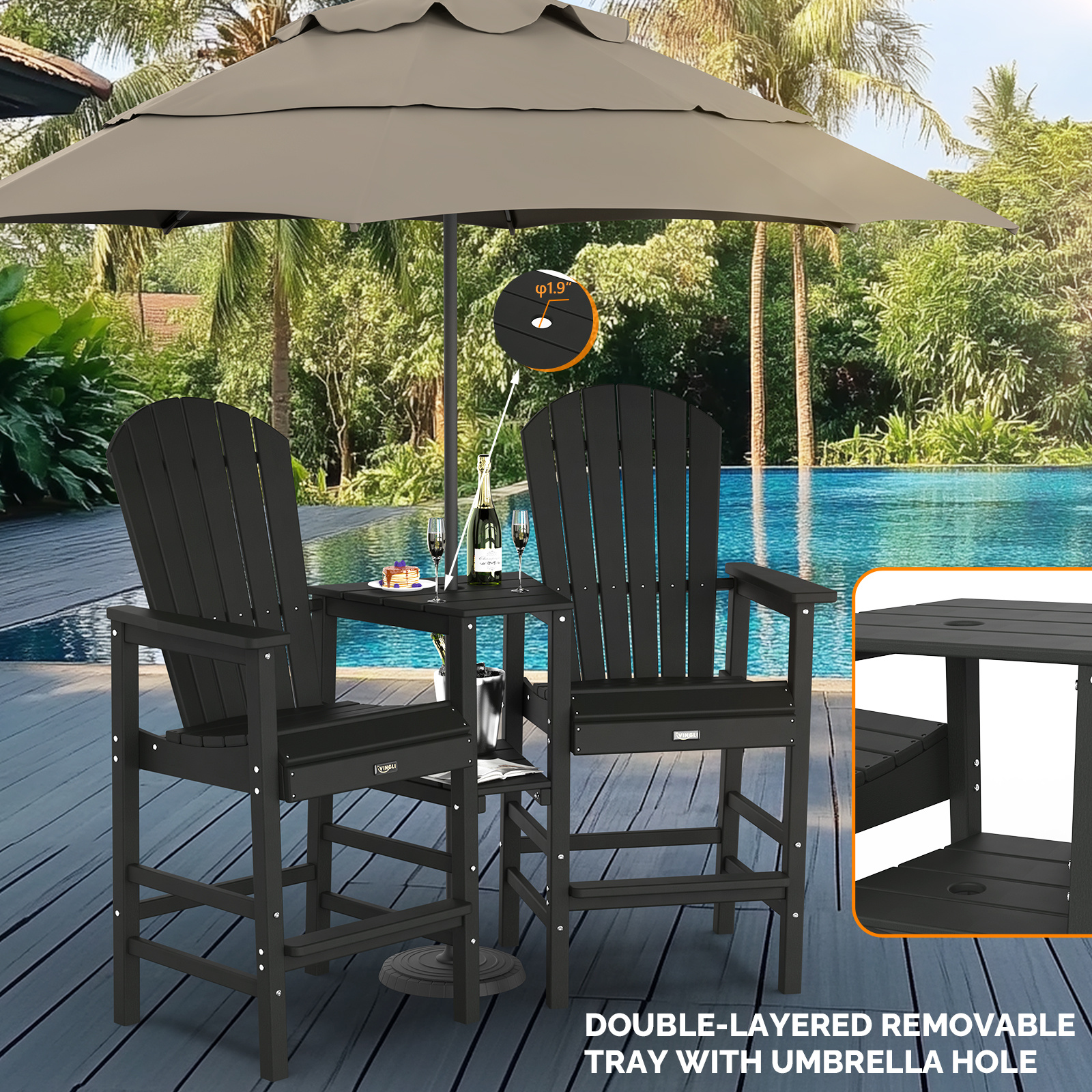 2pcs High-legged Adirondack Chair Set, All-weather High-density Polyethylene (HDPE) Bar Stool, Outdoor Chair with Double Tray and Parasol Opening, Suitable for Balconies, Poolside, Backyards, and Patios.