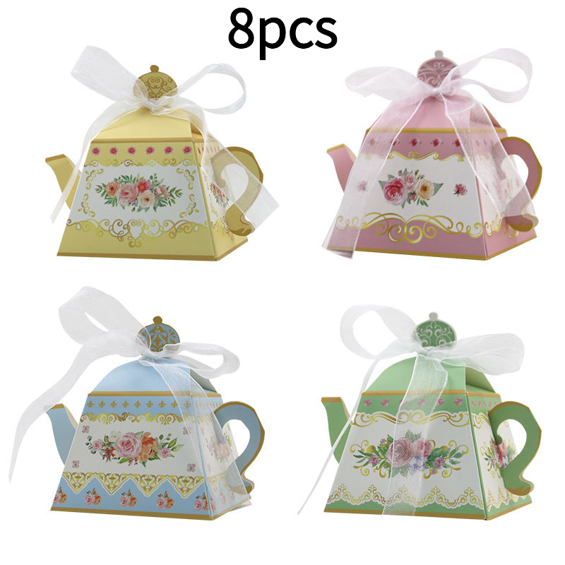 E-shop Geschenk für Sie/Ihn 8-teilige Vintage-Blumen Teekanne-förmige Papier Geschenkbox mit Band, eine exquisite Souvenir-Box für Brautpartys,