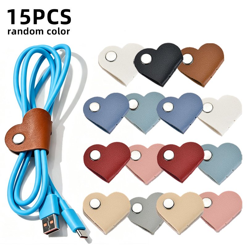 TEMU 15pcs, Random Color, Heart-shaped Faux Leather Cable Strap, Headphone And Headphone Cable Storage Box, No Battery Cable Management Clip, Unisex