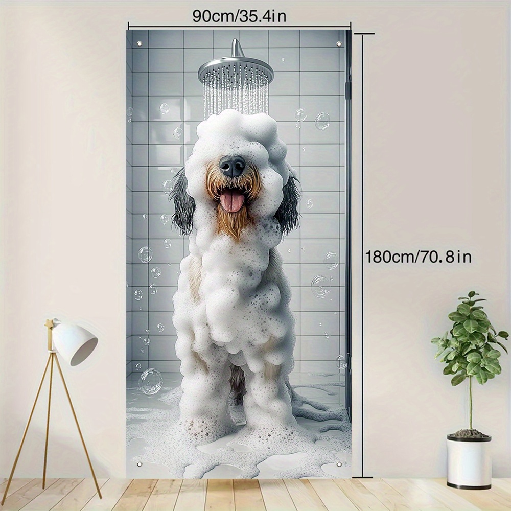 TEMU 2d Door Banner, 1pc Bathing Time Christmas Door Banner - Adorable Bubble Dog Design, 35.4x70.8 Inch Durable Polyester Outdoor/indoor Decoration