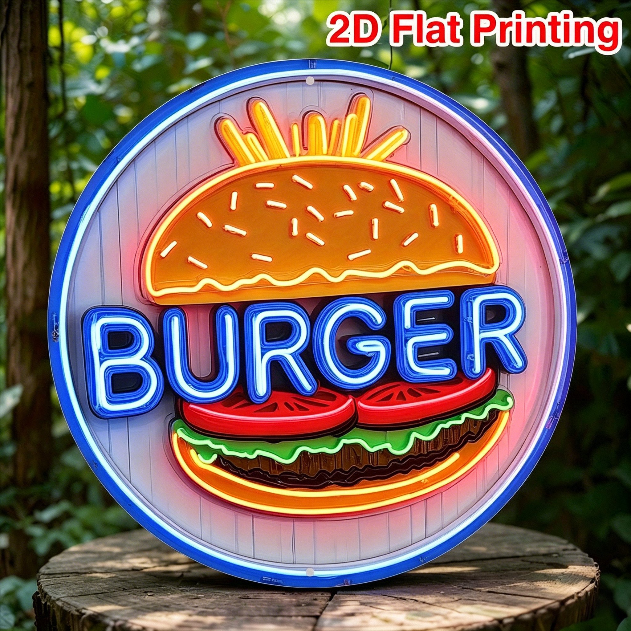 TEMU 2d Flat, 1pc Neon Effect Burger Round Wooden Decorative Hanging Sign. Suitable For: American- Shops, Fried Chicken Restaurants, Vintage