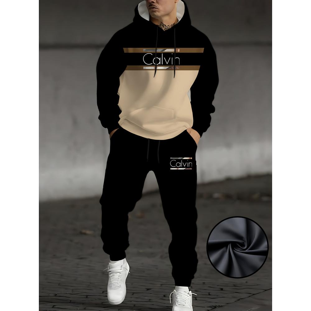 TEMU Men's Color-block Hooded Homewear Set Black-brown Elegant Scheme, "calvin" Print, Soft Comfortable Fabric, Crew Neck, Short-sleeve T-shirt + Shorts, Perfect For Halloween And Christmas Gifts