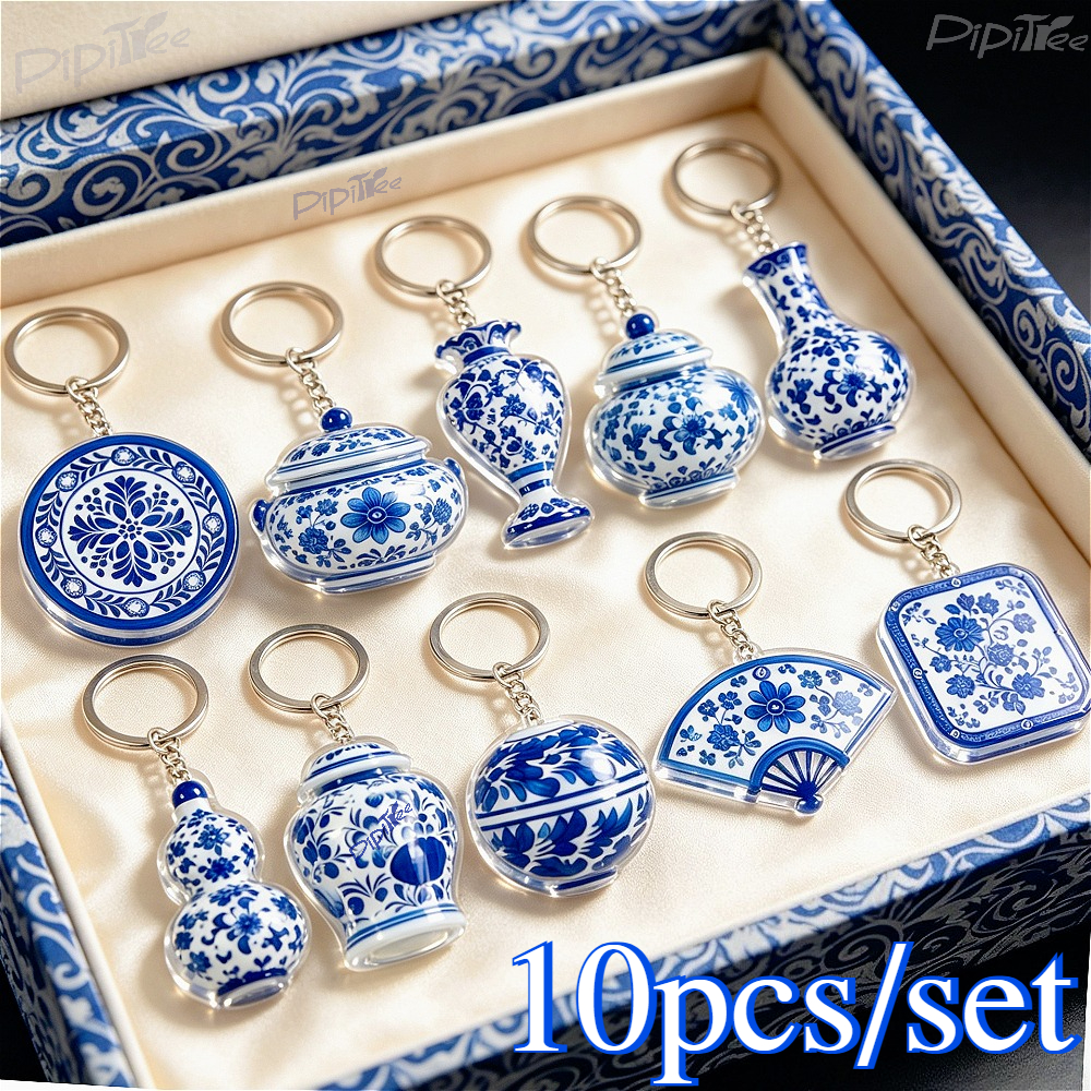 TEMU 10pcs Set Of Two-dimensional Chinese Blue And White Porcelain Keychains, Stylish Accessories For Men And Women, Lightweight And Durable Acrylic