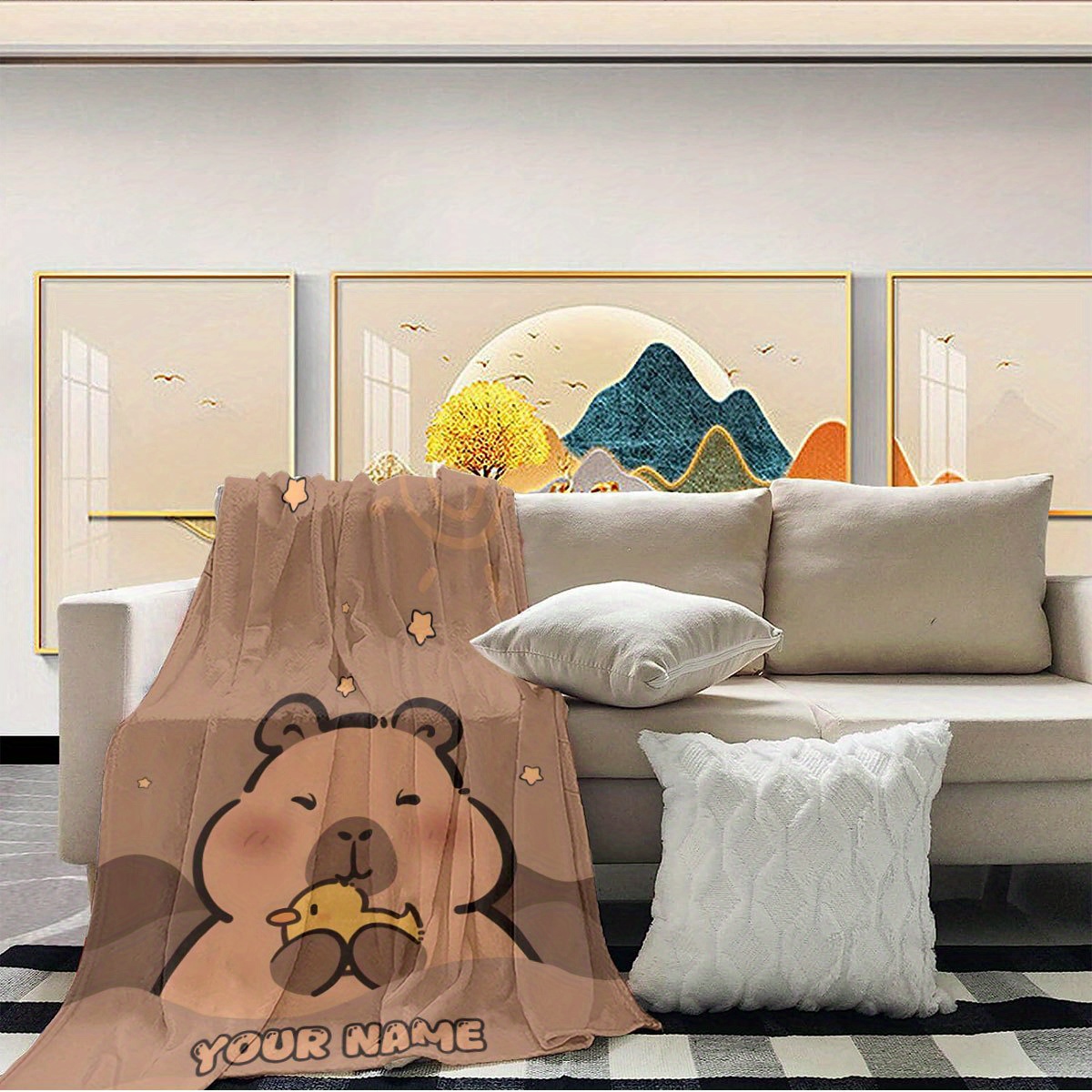 TEMU 1pc Warm And Comfortable Flannel Printed Blanket. Custom Text Style. Cute Cartoon Animal Capybara Pattern. Ideal For Sofa, Bed, Office,