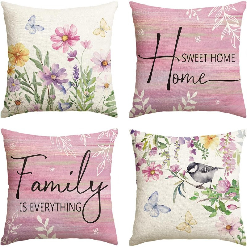 

4pcs Vintage Linen Throw Pillow Covers, Spring Floral And , Hand Washable, Zipper Closure, Woven Decorative Cushion Cases With Inspirational Quotes For Room Types, No Insert