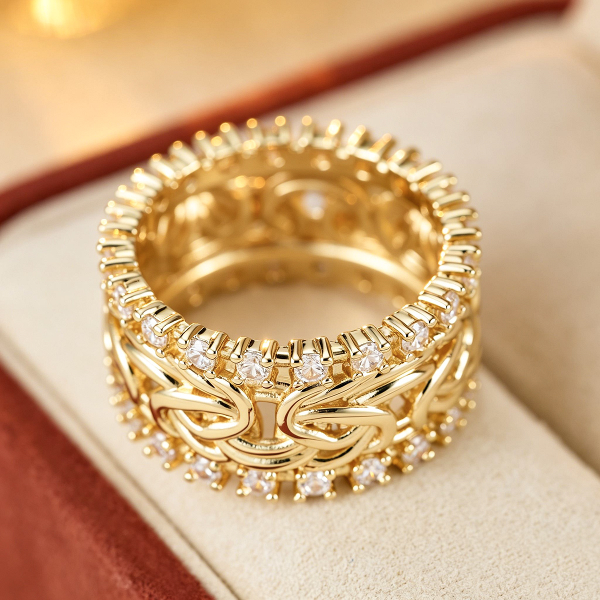 Women's Hollow Woven Knot Ring with Cubic Zirconia Inlay