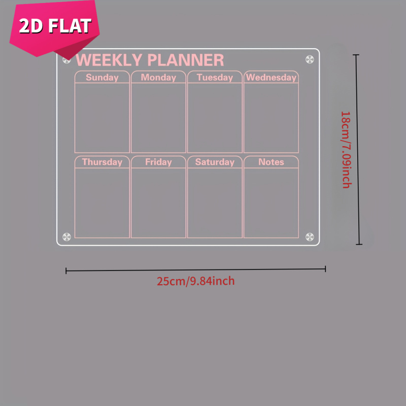 TEMU 2d Flat, 1-pack Weekly Planner Magnetic Board With Pink Acrylic Surface - Reusable Whiteboard-like Surface, For Valentine's Day, New Year,