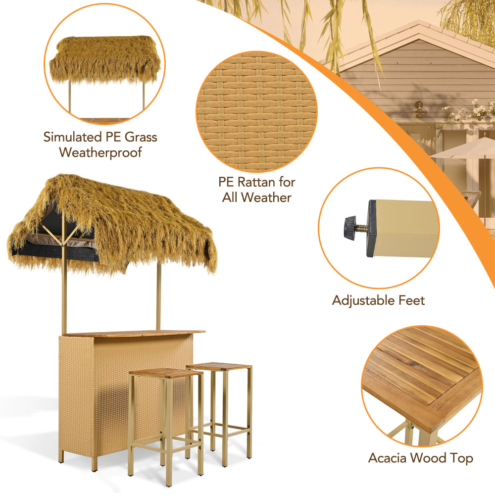Outdoor Bar Set with Grass Canopy, 2-Seat Patio Bar Table And Stools, Bar Height Outdoor Dining Set, Adjustable Feet Design, Built-In Storage Space, Tiki Bar Furniture for Backyard Poolside Garden Deck Porch Balcony