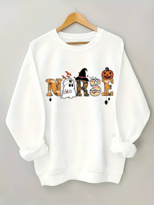womens casual sweatshirt with and pumpkin print design long sleeved round neck slightly stretchy pullover suitable for autumn and winter soft and friendly halloween themed