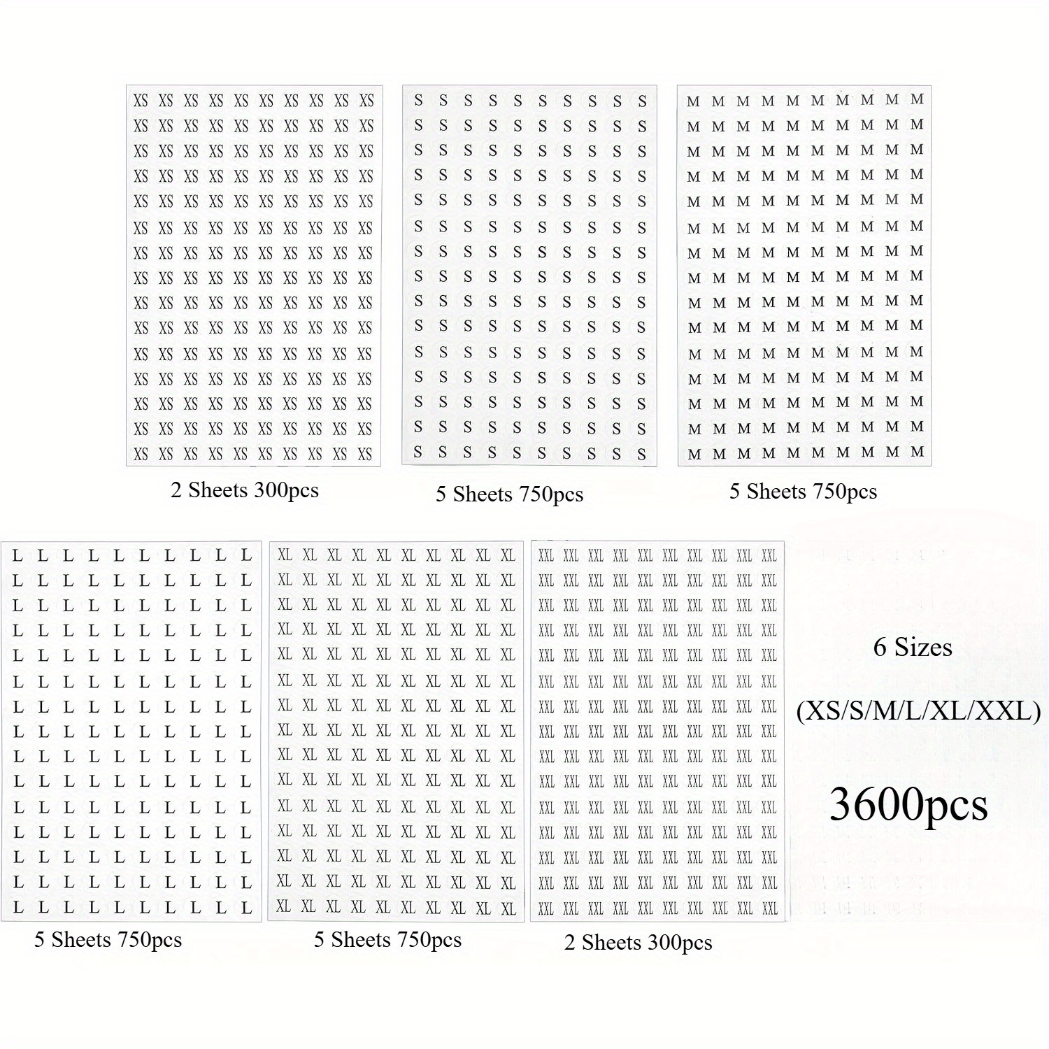 TEMU 3600pcs Size Stickers For Clothing 6 Sizes (xs/s/m/l/xl/xxl), 24 Sheets Self Adhesive Labels, Round Black Apparel Size Label Stickers For