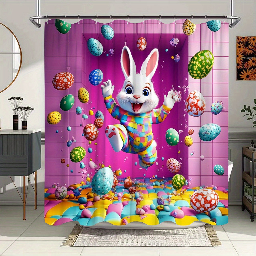 

Easter Bunny Shower Curtain With Eggs And - Waterproof Polyester, Pink Room Decor, 70x70 Inches, Includes 12 Hooks, Shower Curtain| Easter Theme| Hooks