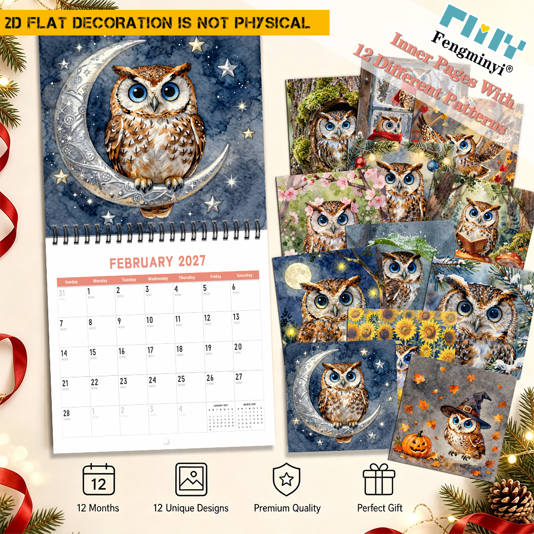TEMU 2d Flat 1pc 2027 Calendars, 2027 Humorous Calendar Desktop Desk Wall Hanging Calendar, Forest Blinking Owl Watercolor Hand-painted Style Themed