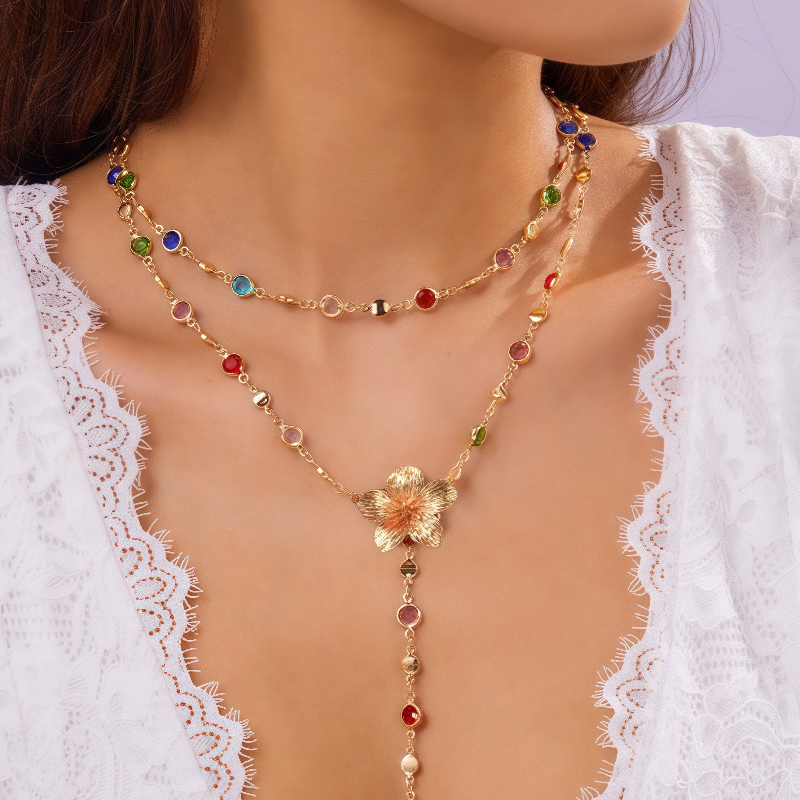 Image of 2pcs Vintage Elegant Fashion Hip-hop Old Money Style Rhinestone Flower Pendant Tassel Long Necklace Set, Unique Layered Lockbone Chain For Women - Party, Gift, Versatile Jewelry