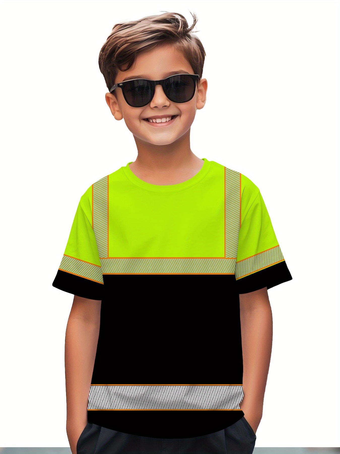 Kids' Construction Worker Style T-Shirt Neon Green Black Contrast,  Lightweight Breathable Workwear Tee for Boys Teens, Machine Washable  Shirt