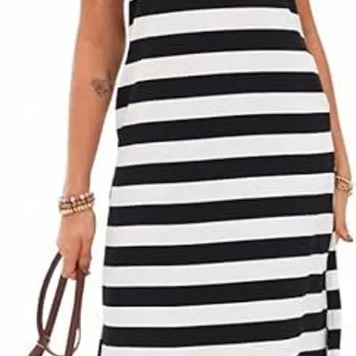 womens summer maxi dress 2025 sleeveless v neck casual loose fit striped sundress with pockets black white breathable lightweight fabric for beach picnics shopping size xl beach outfit flowy silhouette comfortable wear vacation outfit