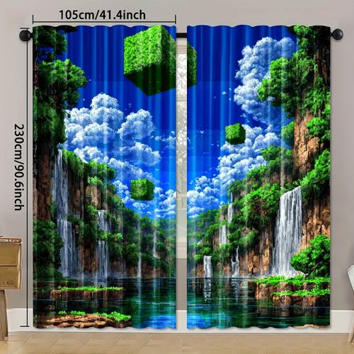 set of 2 year round curtains featuring a pixel art waterfall scene rod made of semi translucent polyester machine washable ideal for game rooms bedrooms bathrooms kitchens and festive decor