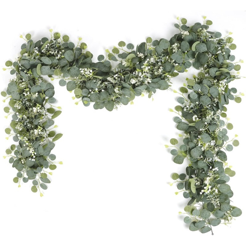 TEMU 2pcs/ 4pcs Eucalyptus Flower Wreaths With White Flowers Green Artificial Leaf Wreaths Table Runner For Wedding Arch Fireplace Decoration