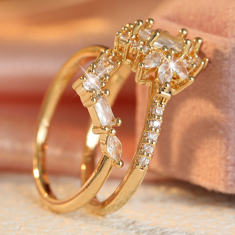 2pcs Women’s Plated Clear CZ Ring Set, Marquise Baguette & Sunburst Star Flower