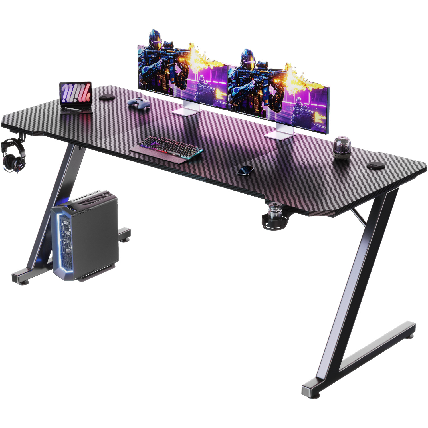 Image of Devoko Gaming Desk 120 X 60cm, Gaming Desk With Headphone Hook & Drink Holder, Carbon-coated Ergonomic Pc Desk, Sturdy Desk