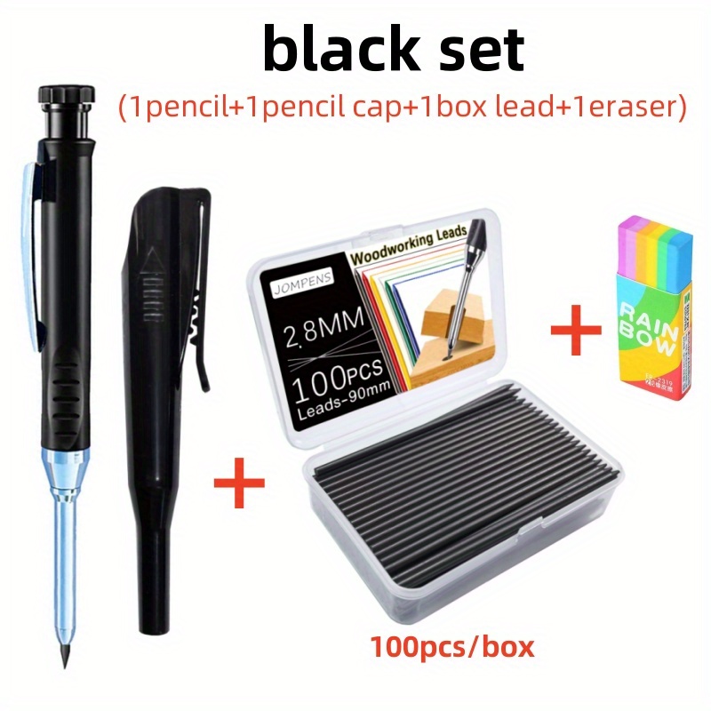 Deep Hole Solid Carpenter Pencil With Pencil Cap And 100pcs 2.8mm 2b Replaceable Leads, Woodworking Marking Mechanical Pencil For Woodworking Construction(1pencil++1pencil Lead+1eraser)