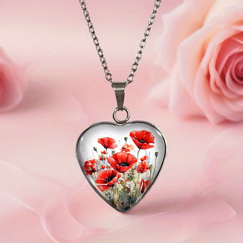 TEMU Red Floral Pattern Men's Heart-shaped Necklace Glass Jewelry Accessory