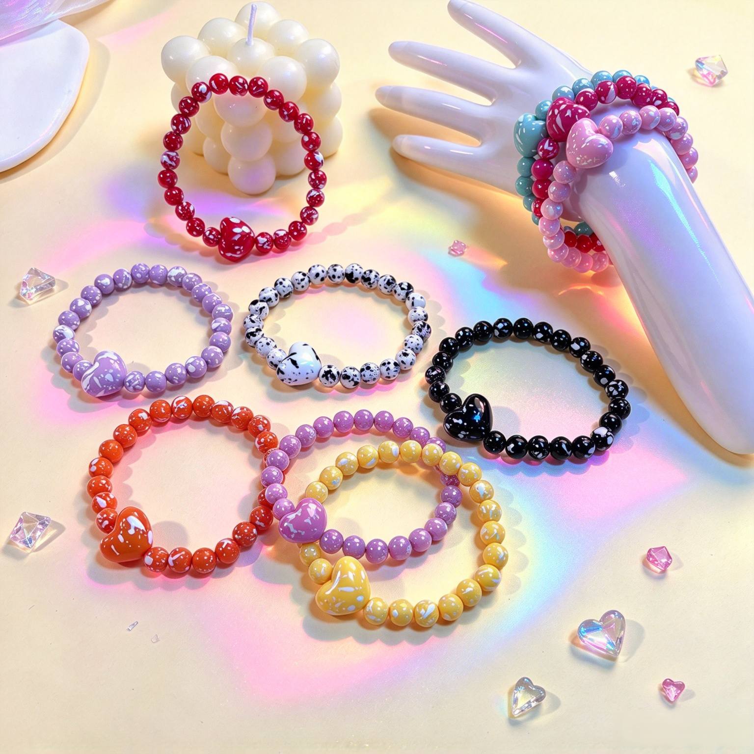 9pc Creative Retro Polka Dot Heart Elastic Bracelet Set