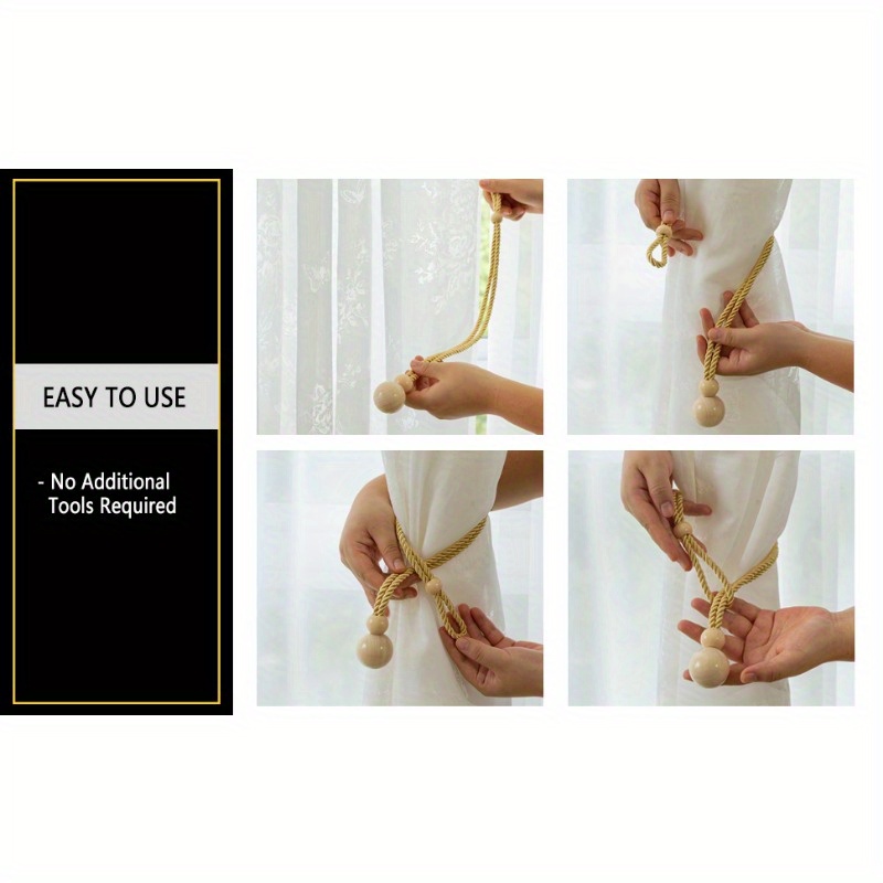 (Pack of 2)Elegant Beige Wooden Balls Curtain Tiebacks Rope Drape Tie Back Holder 4pcs, Natural Curtain Ties Window Treatment Holdbacks