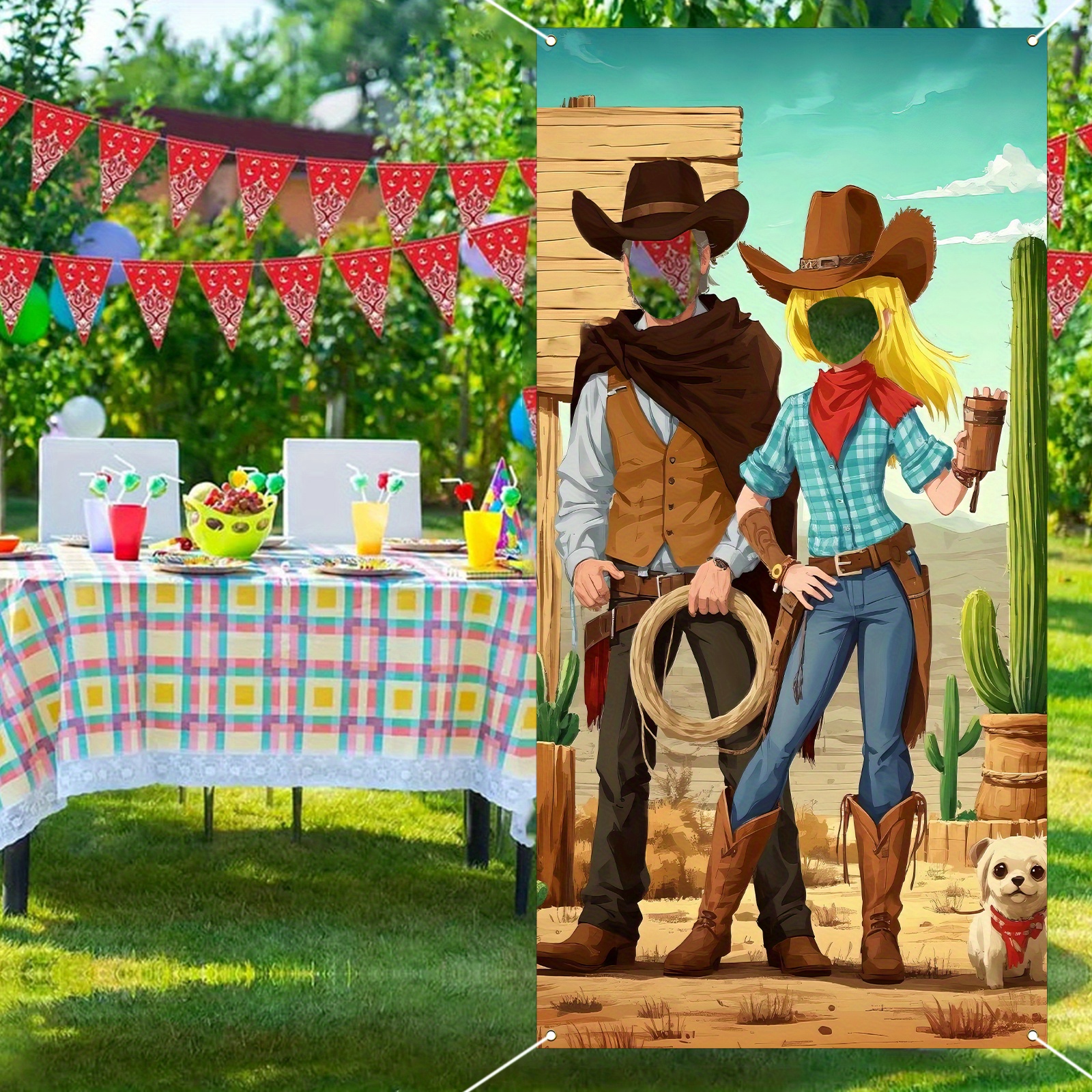 TEMU 2d Flat, 2d Flat, 2d Flat 1pc Western Cowboy Photo Silhouette Banner - Denim-themed Hanging Decorative Silhouette, Suitable For Farmhouse