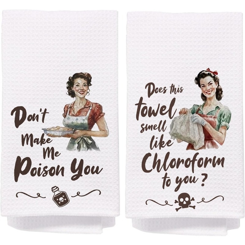TEMU 2-pack Contemporary Fantasy-themed Polyester Kitchen Towels, 18x26 Inch, Super Soft Woven Hand Towels With "don't Poison You" & "chloroform" Humorous Phrases, Machine Washable, Oblong Shape