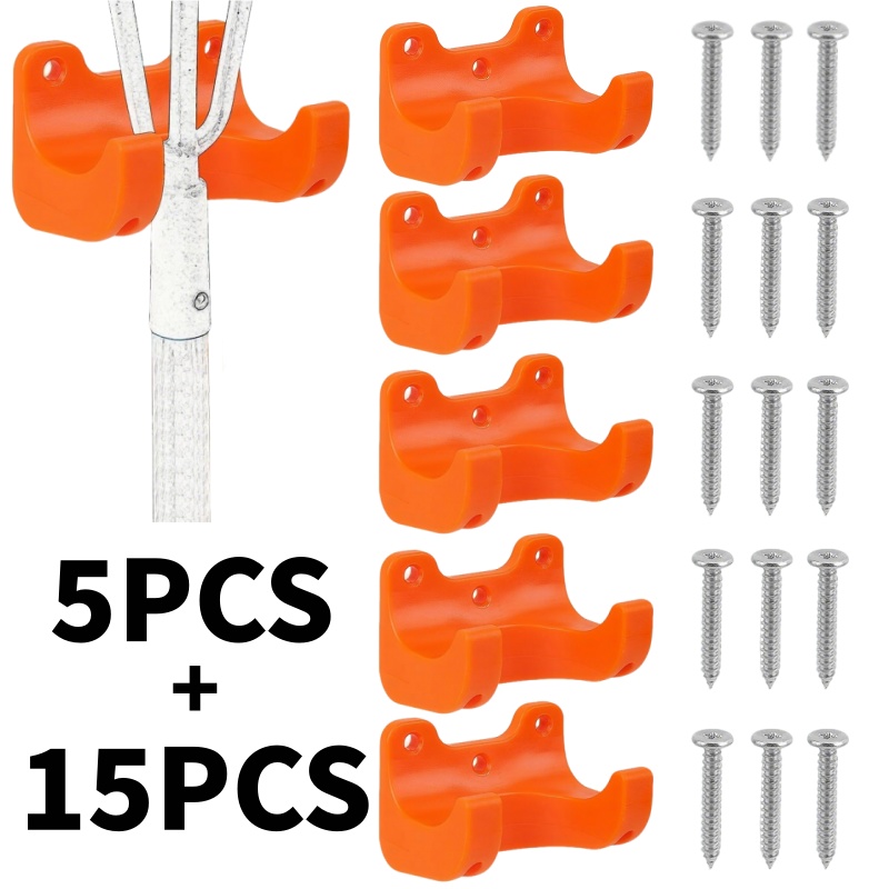 Image of 5pcs Garden Tool Wall-mount Hanger Rack With 15pcs Screws, Heavy-duty Long-handled Tool Storage Organizer For Brooms Shovels Rakes Hoes, Garage Yard Wall Storage Holder Storage And Organization