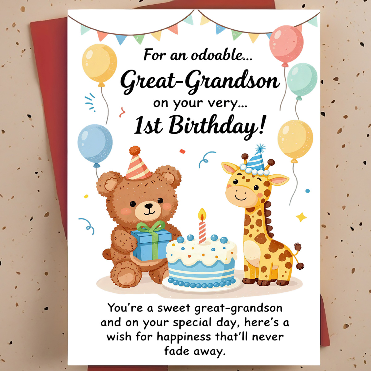 TEMU 1pc Cute Sweet 1st Birthday Greeting Card For Great-grandson – Cartoon Animal Birthday Cake Hand-drawn Illustration, Card, With Envelope